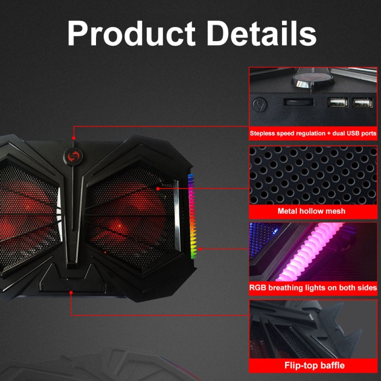 YL-017 2-Fans RGB Lighting Effect Silent Adjustable Speed Laptop Cooling Stand, YL-017 2-Fans
