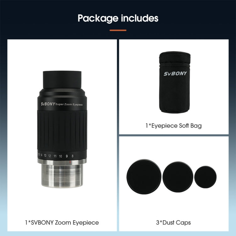 SVBONY SV230 1.25/2 Inch Universal Astronomy Wide Angle Zoom Eyepiece 8-20mm 57-72 Degrees, SV230