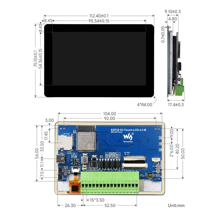 Waveshare ESP32-S3 4.3inch 800×480 Touch LCD Development Board, 4.3-inch without Case, 4.3-inch with Case