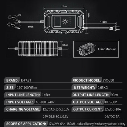 ANHTCzyx 12V/24V 6-180AH 7-Stage Smart Car Motorcycle Battery Charger, EU Plug, US Plug, UK Plug, AU Plug