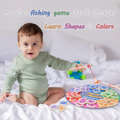 Toddler Color Shape Cognition Fishing Game Montessori Toy Wooden Magnetic Parent-Child Toy