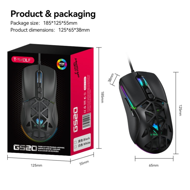 T-WOLF G520 7-keys RGB Marquee Honeycomb Hollow Gaming Wired Mouse