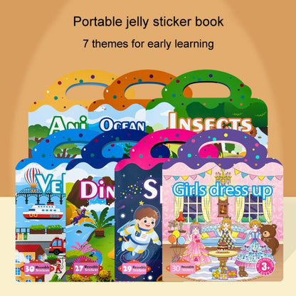 Kids Fun Toys Jelly Sticker Book Reusable Sticker Early Learning Baby Enlightenment Educational Toy, Ocean World, Vehicles, Dinosaur, Insect, Space, Animals, Girls Dress Up