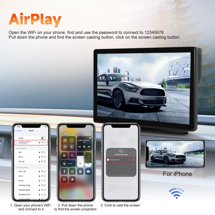 8-Inch HD Wireless CarPlay Screen DVR With Dash Cam/1080p Front Rear Camera/Bluetooth/AirPlay