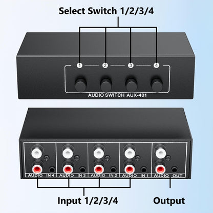 4 In 1 Out  3.5mm + RCA Audio Switcher 4 Channels Audio Converter, AUX -401