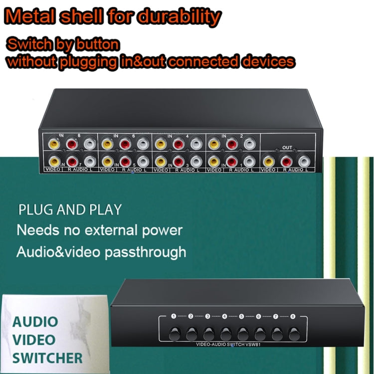 VSW81 AV 8 In 1 Out Audio and Video Switcher RCA Switch Splitter, VSW81