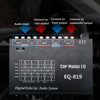 EQ-819 Car Audio Equalizer EQ Tuning Crossover Amplifier Supports Dual Microphone Input Reverberation Adjustment, EQ-819