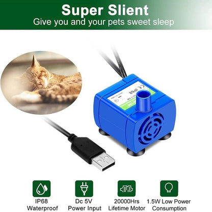 DC USB Pet Water Fountain Pump Cats Water Dispenser Brushless Silent Water Pump, No LED Light, Blue LED Light