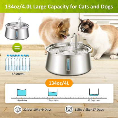 4L Pet Water Dispenser Stainless Steel Cats Water Fountain Large Capacity Automatic Cat Drinker, Without Window, With Window