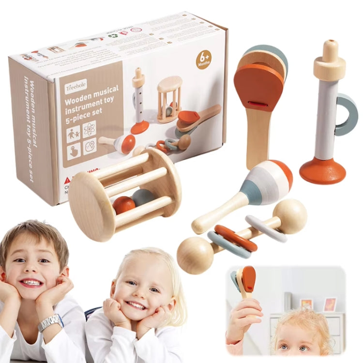 Wooden Baby Hand Grip Bells Rattles Musical Instruments Toddler Early Learning Pacifying Bed Bells Toys, Treehole 5pcs /Set