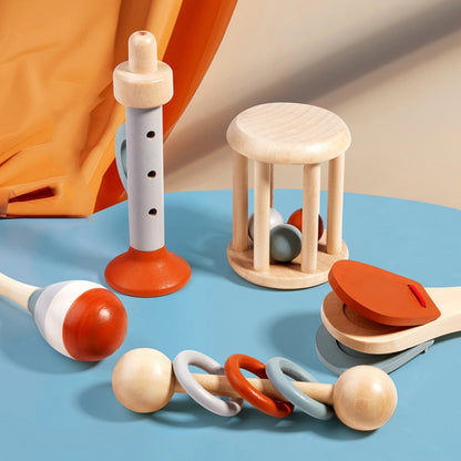 Wooden Baby Hand Grip Bells Rattles Musical Instruments Toddler Early Learning Pacifying Bed Bells Toys, Treehole 5pcs /Set
