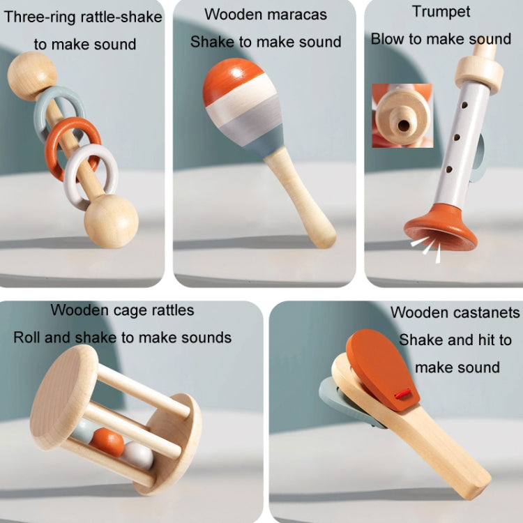 Wooden Baby Hand Grip Bells Rattles Musical Instruments Toddler Early Learning Pacifying Bed Bells Toys, Treehole 5pcs /Set