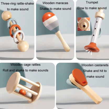 Wooden Baby Hand Grip Bells Rattles Musical Instruments Toddler Early Learning Pacifying Bed Bells Toys, Treehole 5pcs /Set