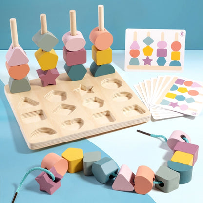 Treehole Children Wooden Geometric Shape Matching Puzzle Game Color Cognition Threading Beads Enlightenment Toy