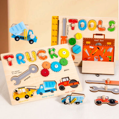 Montessori Wooden Jigsaw Puzzle Children Toy Baby Enlightenment Early Learning Busy Board Educational Toy, Tools, Tool Truck