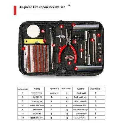 46pcs /Set Car Tubeless Tire Repair Needle Rubber Strip Valve Tip Needle-nosed Pliers Tool Set