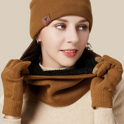OZERO Plain Warm Wool Hat Scarf Gloves 3 In 1 Set For Men And Women