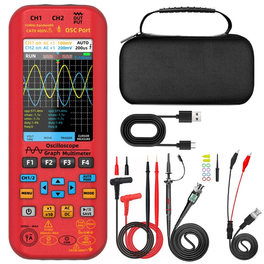 BSIDE O9 Digital Handheld Dual Channel 50MHz Oscilloscope Signal Source Multimeter, With Single Oscilloscope Probe (Red), With Dual Oscilloscope Probe (Red)