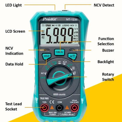 ProsKit MT-1236-C 3-5/6 True-RMS Digital Multimeter For ACA, ACV, DCA, DCV, Frequency, Cycle Duty, Diode Test, MT-1236-C