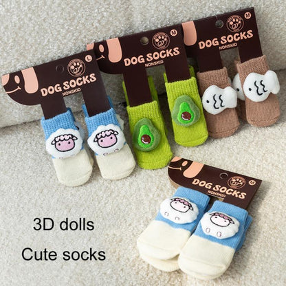 4pcs /Set Pet Dog Socks For Teddy Non-slip Anti-Scratch Anti-Dirty 3D Dolls Socks Dog Shoes, S