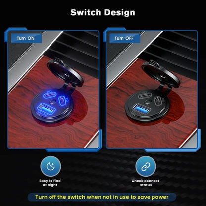 Kewig P22A 12-24V Vehicle Motorcycle Boat Modified Dual PD+QC3.0 3-Port Car Charger With Switch, With Terminal