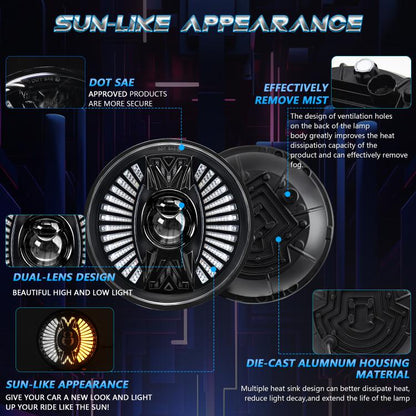 7 Inch Round Lens With Tangent Fan-Shaped Angel Eye Headlights