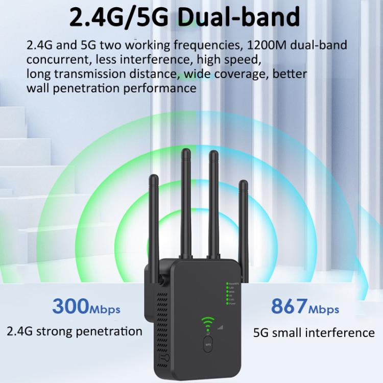 Urant U10 1200Mbps 2.4G & 5.8G Wireless Repeater WiFi Signal Amplifier With 4 Antenna, US Plug Black, US Plug White, EU Plug Black, EU Plug White, UK Plug Black, UK Plug White