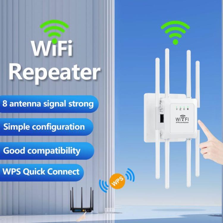 U18 1200Mbps 2.4G & 5G  Wireless Repeater WiFi Signal Amplifier With 8 Antenna, US Plug Black, EU Plug Black, US Plug White, EU Plug White
