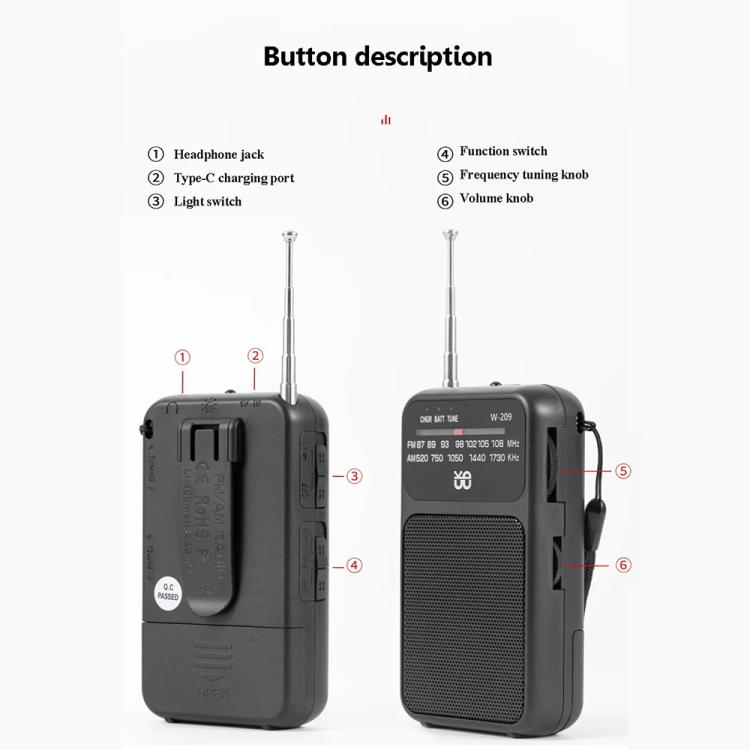 W-209 Mini Portable Rechargeable / Battery Dual-mode Powered Pointer FM Radio with Flashlight