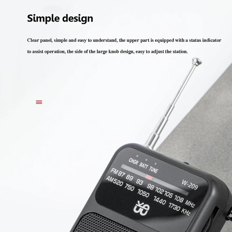 W-209 Mini Portable Rechargeable / Battery Dual-mode Powered Pointer FM Radio with Flashlight