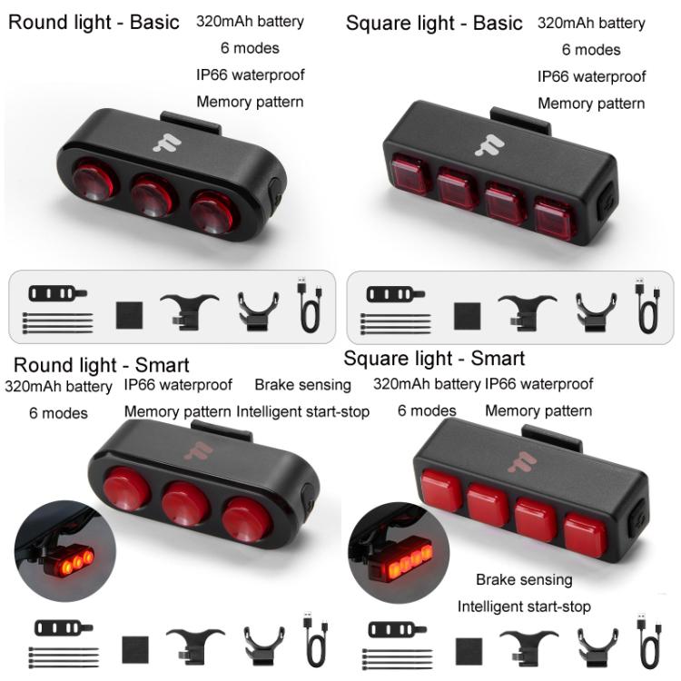 WEST BIKING Bicycle Night Riding Long Endurance Warning Brake Taillight, Round Light Basic, Square Light Basic, Round Light Smart, Square Light Smart