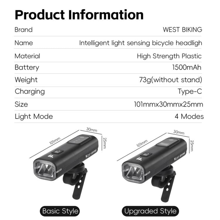 WEST BIKING Bicycle Waterproof TYPE-C Rechargeable High-Brightness Headlight, Regular, Digital Battery Display