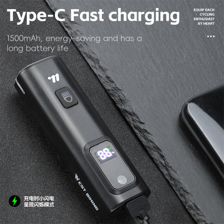 WEST BIKING Bicycle Waterproof TYPE-C Rechargeable High-Brightness Headlight, Regular, Digital Battery Display