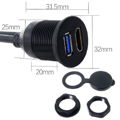 2m USB3.0+HDMI Car Waterproof Cable Motorcycle Boat Dashboard Extension Wire, 2m USB3.0+HDMI