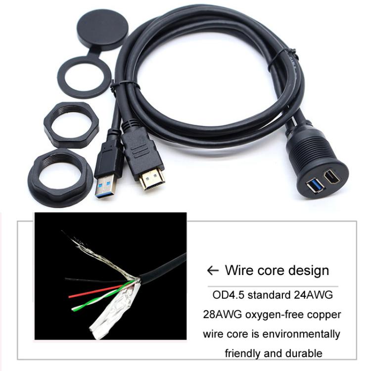2m USB3.0+HDMI Car Waterproof Cable Motorcycle Boat Dashboard Extension Wire, 2m USB3.0+HDMI