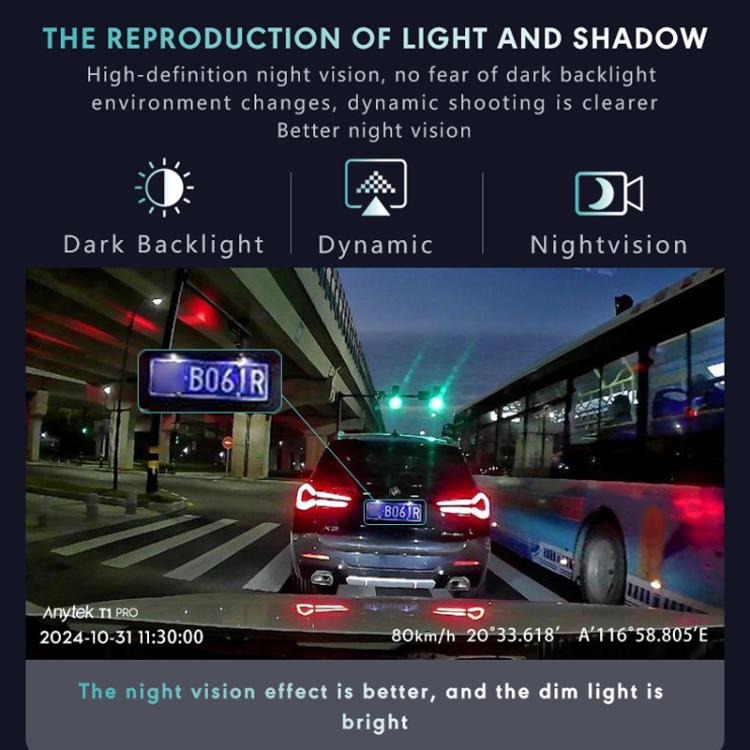 Anytek T1 PRO 3.2 Inch 2K HD Night Vision Car Recorder Hidden Car Camera Front And Rear Dual Recording, T1 PRO