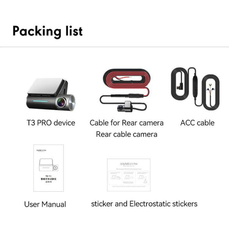 Anytek T3 PRO 2 inch 2K HD Night Vision Car Recorder Hidden Car Camera Front & Rear Dual Recording, T3 PRO