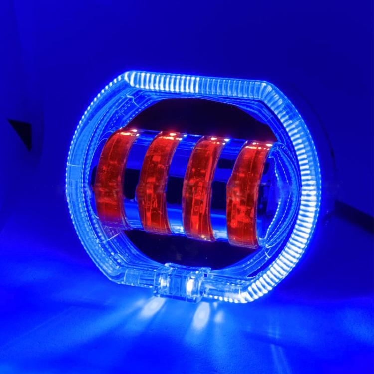 Motorcycle Electric Vehicle General Modification LED Headlight 4 Beads Double Lens Lamps, Blue Aperture+Red Devil Eye, Ice Blue Aperture+Red Devil Eye, Green Aperture+Red Devil Eye, Yellow Aperture+Red Devil Eye, White Aperture+Blue Devil Eye