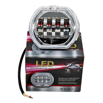 Motorcycle Electric Vehicle General Modification LED Headlight 4 Beads Double Lens Lamps, Blue Aperture+Red Devil Eye, Ice Blue Aperture+Red Devil Eye, Green Aperture+Red Devil Eye, Yellow Aperture+Red Devil Eye, White Aperture+Blue Devil Eye