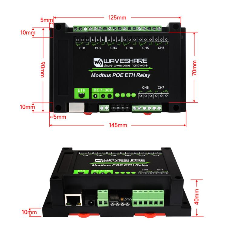 Waveshare 24964 Industrial 8-ch Ethernet Relay Module, PoE Port Communication, 24964