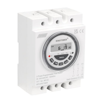 SINOTIMER TM619-380V 16A 3 Phase Timer Switch 7-Day Programmable Minimum Interval 1 Minute, TM619