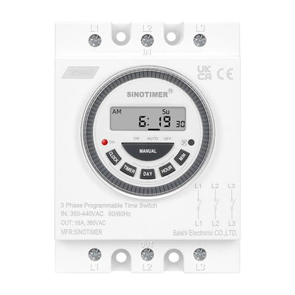 SINOTIMER TM619-380V 16A 3 Phase Timer Switch 7-Day Programmable Minimum Interval 1 Minute, TM619