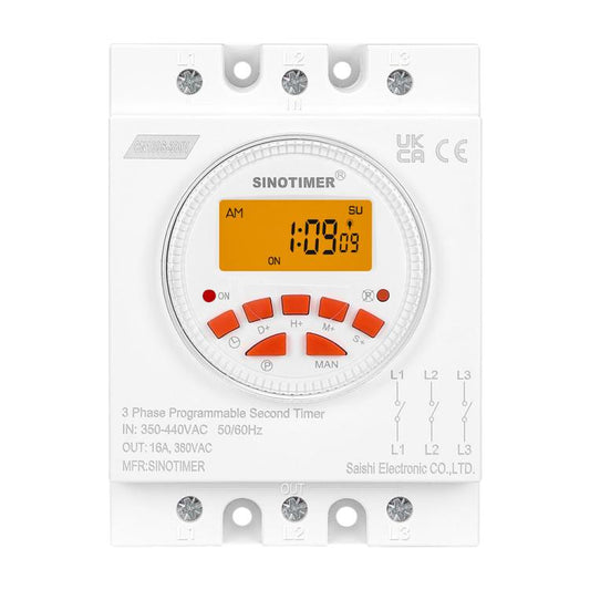 SINOTIMER CN109S-380V 16A  3 Phase Timer Switch 7-Day Programmable Minimum Interval 1s With Backlight, CN109S