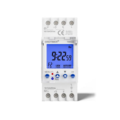 16A 2-Way Dual-Channel Second Control 7-Day Timing Switch Module DIN Mounted Timer, SINOTIMER  TM922-K 85-265V, SINOTIMER  TM922-4 12V