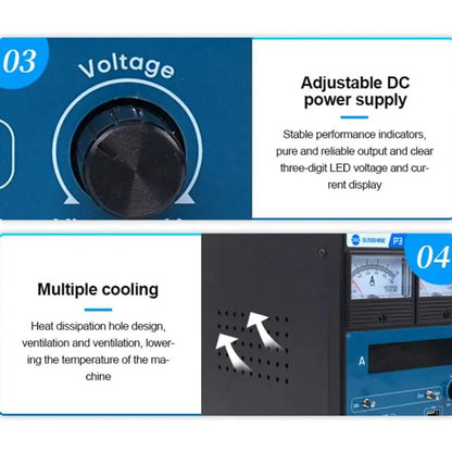 SUNSHINE P3 DC Regulated Power Supply 5V/8.4V/15V Switching Mobile Phone Repair Regulated Power Supply Meter, US Plug 110V, EU Plug 220V