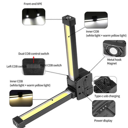 Double-Sided COB 90-Degree Folding Work Light Magnet With Hook Maintenance Light