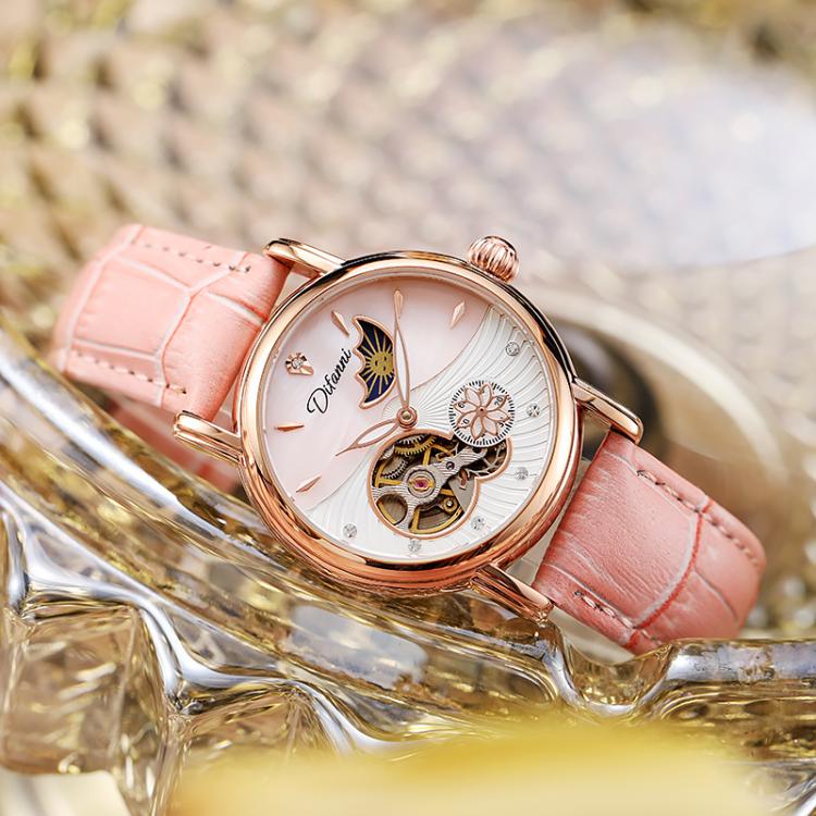 Dulunwe 6023C 30m Waterproof Fully Automatic Mechanical Watch, Rose Gold Leather Pink, Rose Gold Leather Green, Rose Gold Leather Red, Rose Gold Leather White, Natural Leather Pink, Natural Leather Green, Natural Leather Red, Natural Leather White