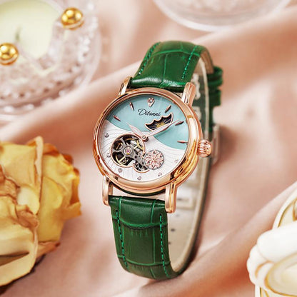 Dulunwe 6023C 30m Waterproof Fully Automatic Mechanical Watch, Rose Gold Leather Pink, Rose Gold Leather Green, Rose Gold Leather Red, Rose Gold Leather White, Natural Leather Pink, Natural Leather Green, Natural Leather Red, Natural Leather White