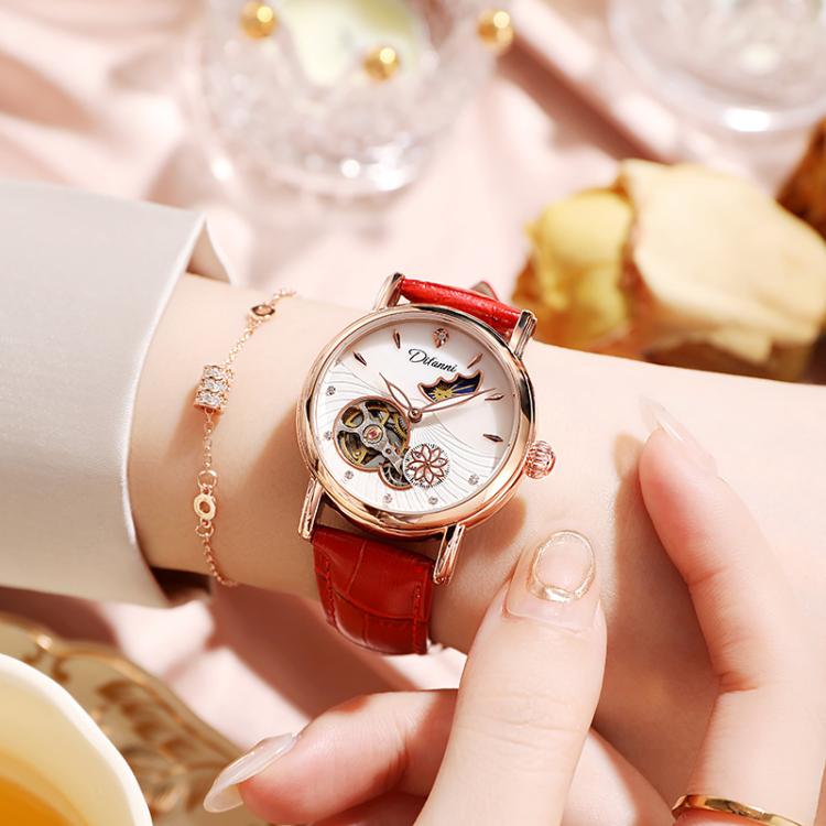 Dulunwe 6023C 30m Waterproof Fully Automatic Mechanical Watch, Rose Gold Leather Pink, Rose Gold Leather Green, Rose Gold Leather Red, Rose Gold Leather White, Natural Leather Pink, Natural Leather Green, Natural Leather Red, Natural Leather White