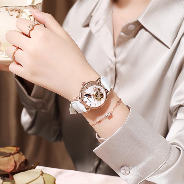 Dulunwe 6023C 30m Waterproof Fully Automatic Mechanical Watch, Rose Gold Leather Pink, Rose Gold Leather Green, Rose Gold Leather Red, Rose Gold Leather White, Natural Leather Pink, Natural Leather Green, Natural Leather Red, Natural Leather White